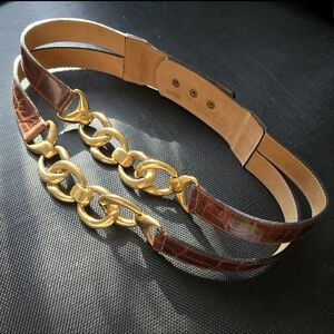 STREETS AHEAD Brown Leather Gold Chain Cinch Waist Belt Medium Italy Italian